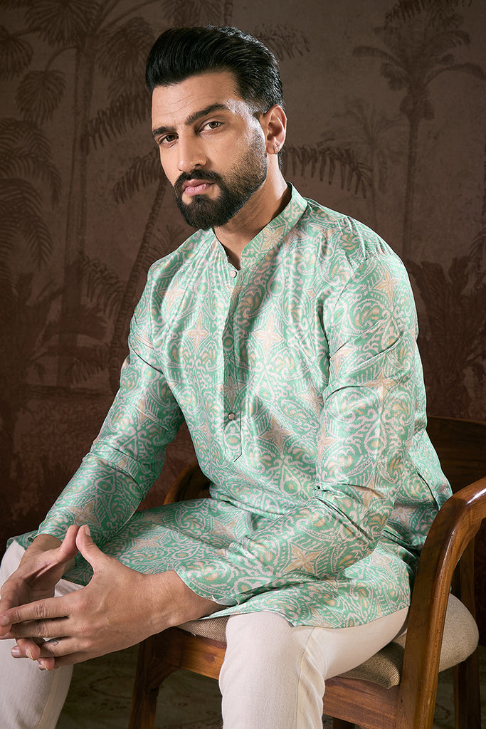 Turquoise Blue Silk Blend Abstract Printed Straight Kurta MKU1967
