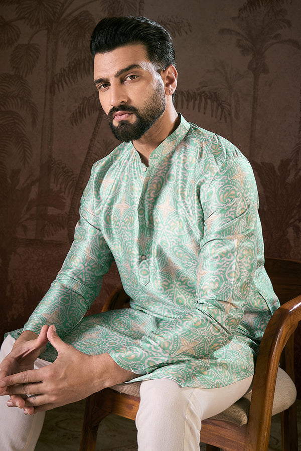 Turquoise Blue Silk Blend Abstract Printed Straight Kurta MKU1967