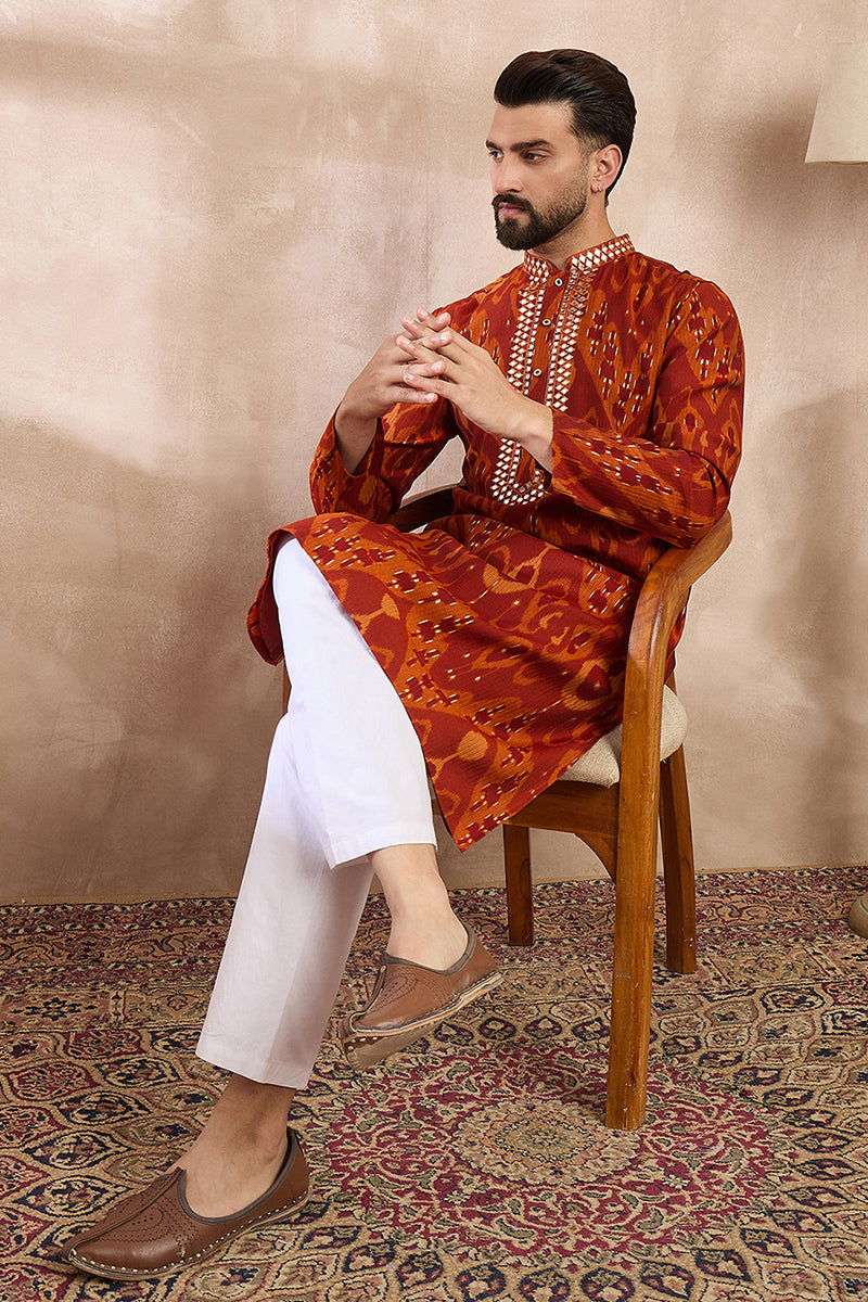 Orange Silk Blend Chevron Printed Straight Kurta With Trouser MKSET1964