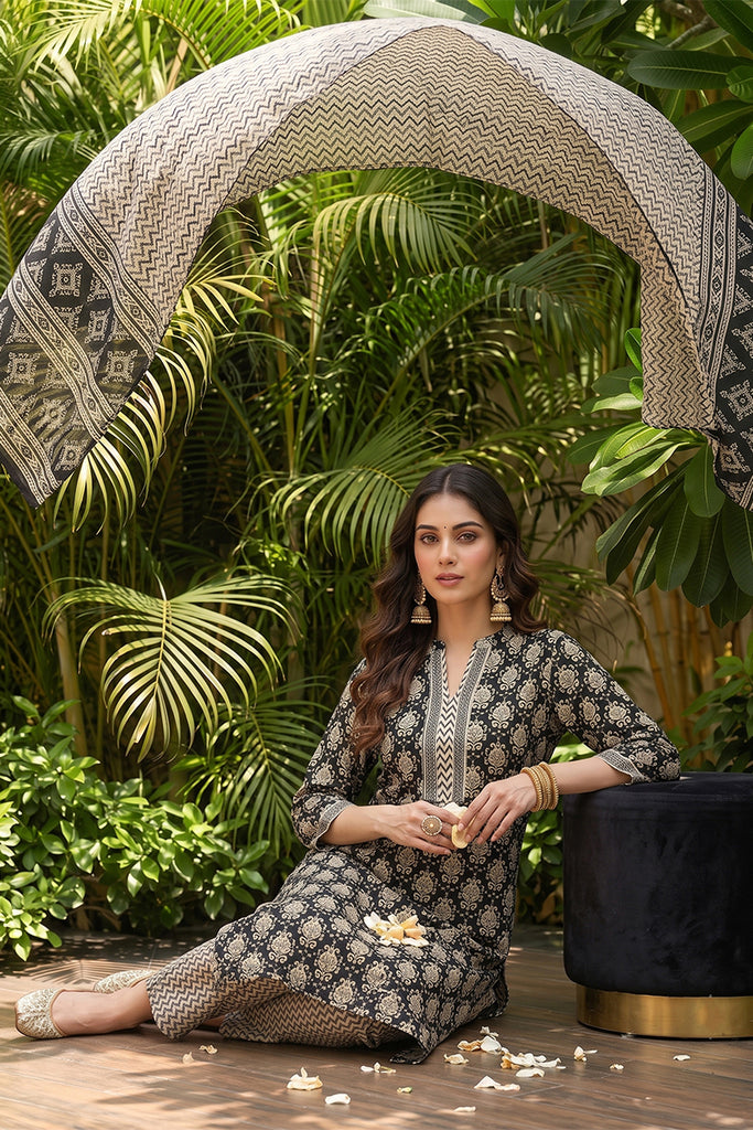 Black Rayon Blend Ethnic Motifs Straight Suit Set VKSKD1673
