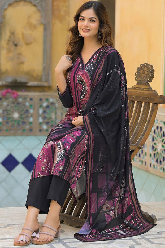 Black Rayon Blend Abstract Printed Straight Kurta Trouser With Dupatta SKSKD3080