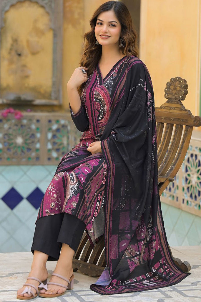 Black Rayon Blend Abstract Printed Straight Kurta Trouser With Dupatta SKSKD3080