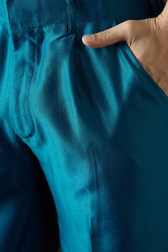 Navy Blue Silk Blend Solid Embroidered Kurta With Trouser MKSET2063