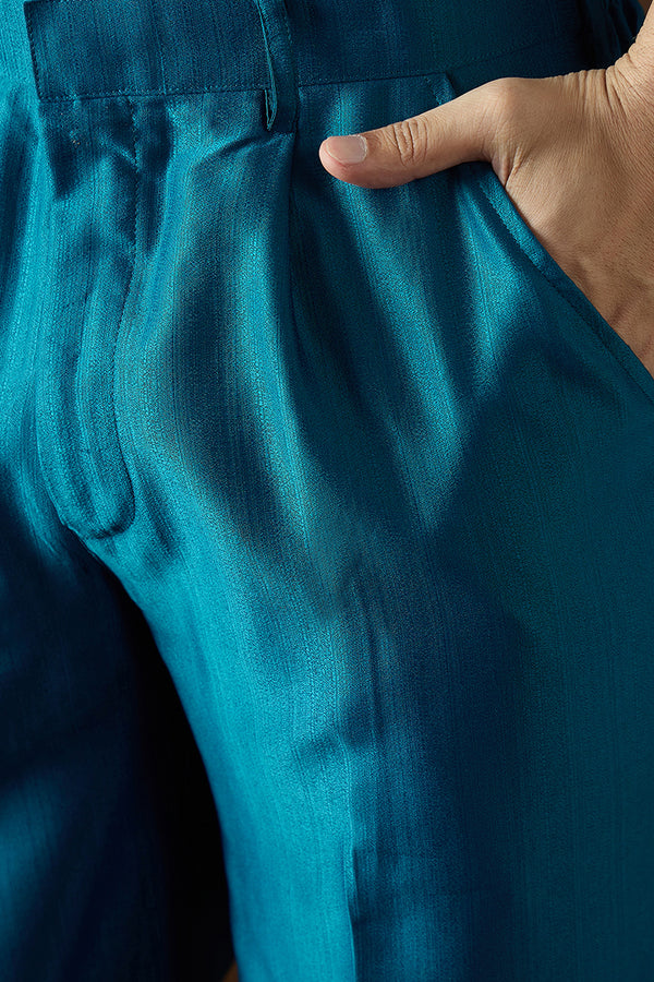 Navy Blue Silk Blend Solid Embroidered Kurta With Trouser MKSET2063