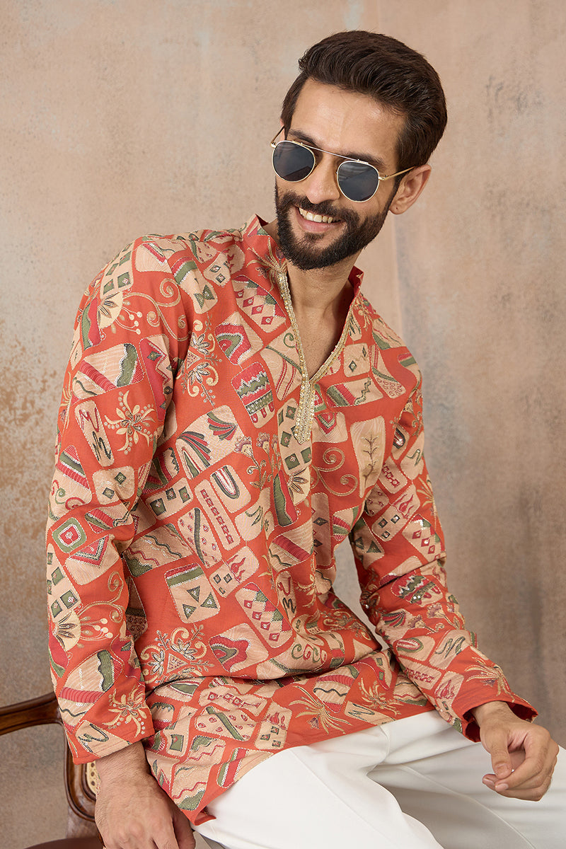 Coral Silk Blend Abstract Embroidered Kurta MKU2458