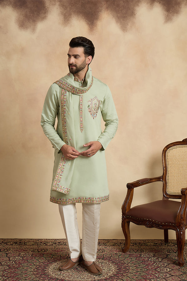 Green Silk Blend Solid Embroidered Sequins Kurta With Dupatta MKUD1070