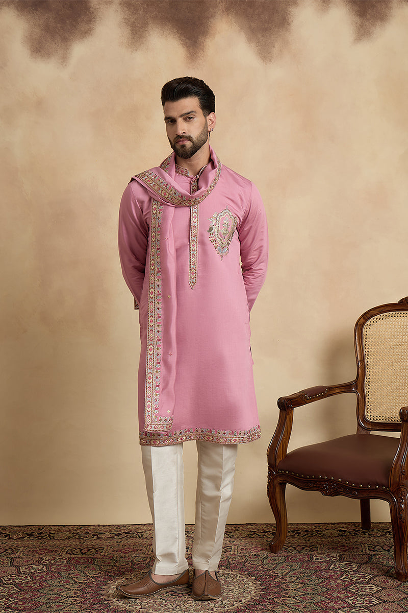 Pink Silk Blend Solid Embroidered Kurta With Dupatta & Trouser MKPD1071