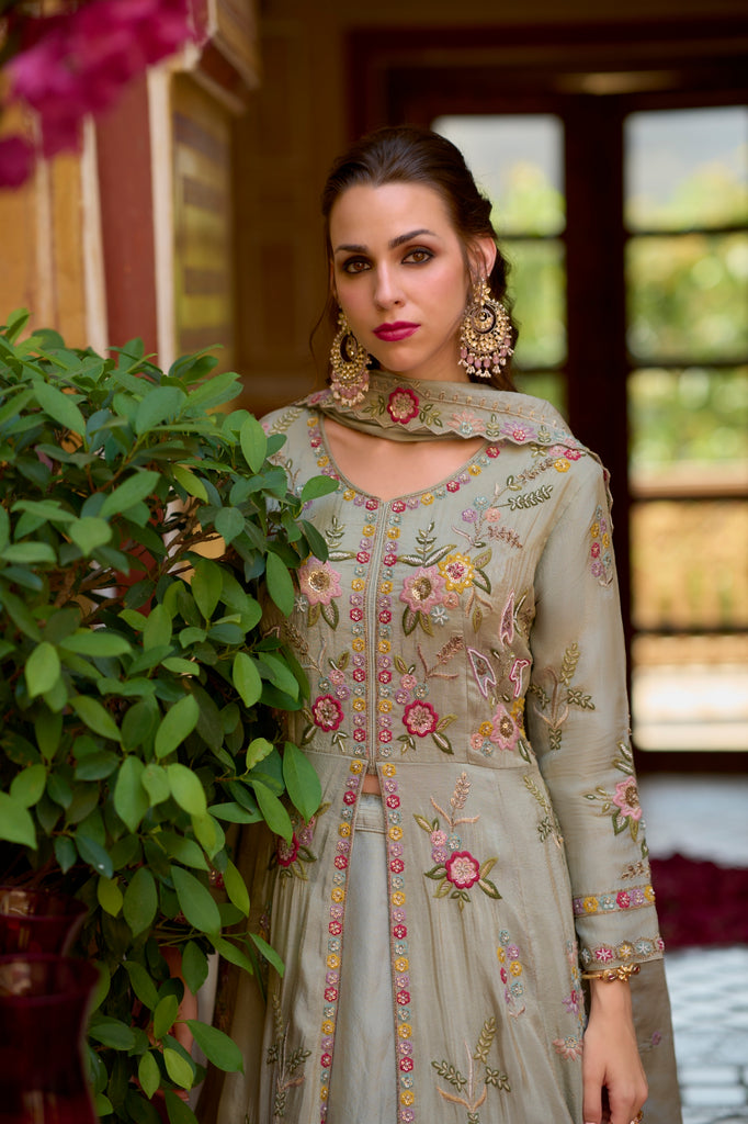 Serena Readymade Grey Silk Blend  Indowestern