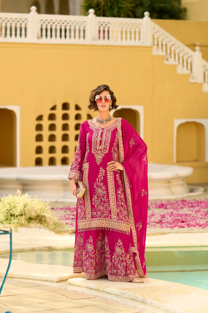 Pink Chinon Chiffon Embroidered Straight Kurta Sharara with Dupatta Bellarom Cataloge