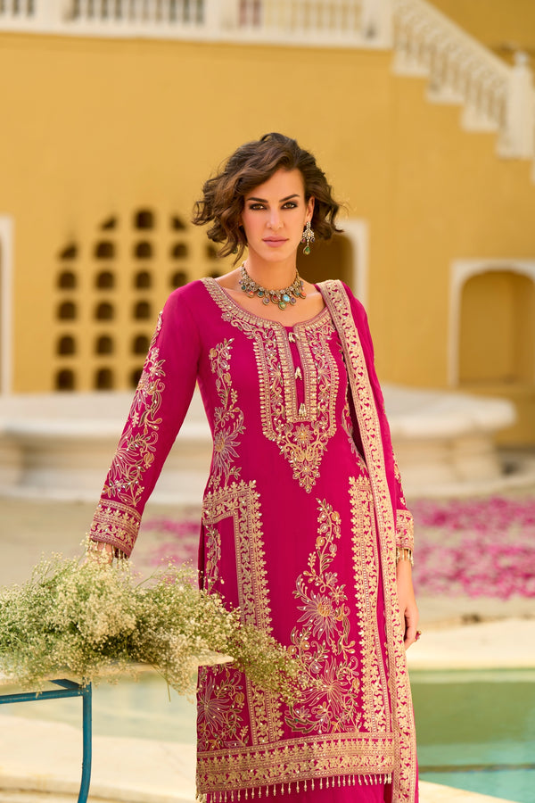 Pink Chinon Chiffon Embroidered Straight Kurta Sharara with Dupatta Bellarom Cataloge