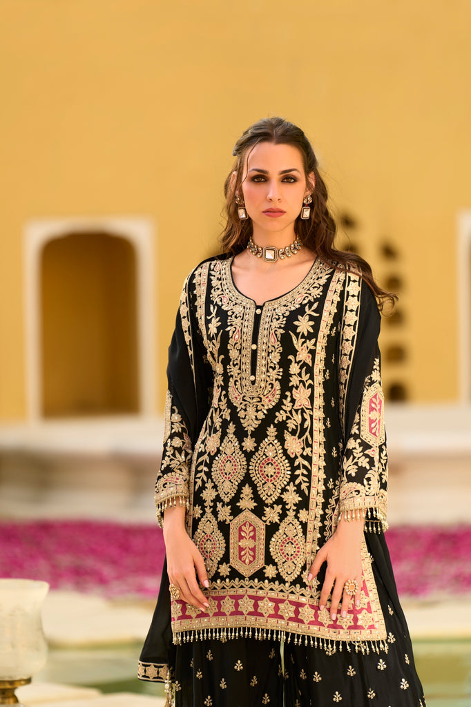 Pink Chinon Chiffon Embroidered Straight Kurta Sharara with Dupatta Bellarom Cataloge