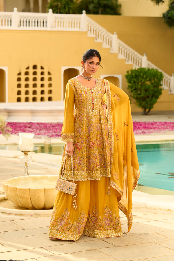Pink Chinon Chiffon Embroidered Straight Kurta Sharara with Dupatta Bellarom Cataloge