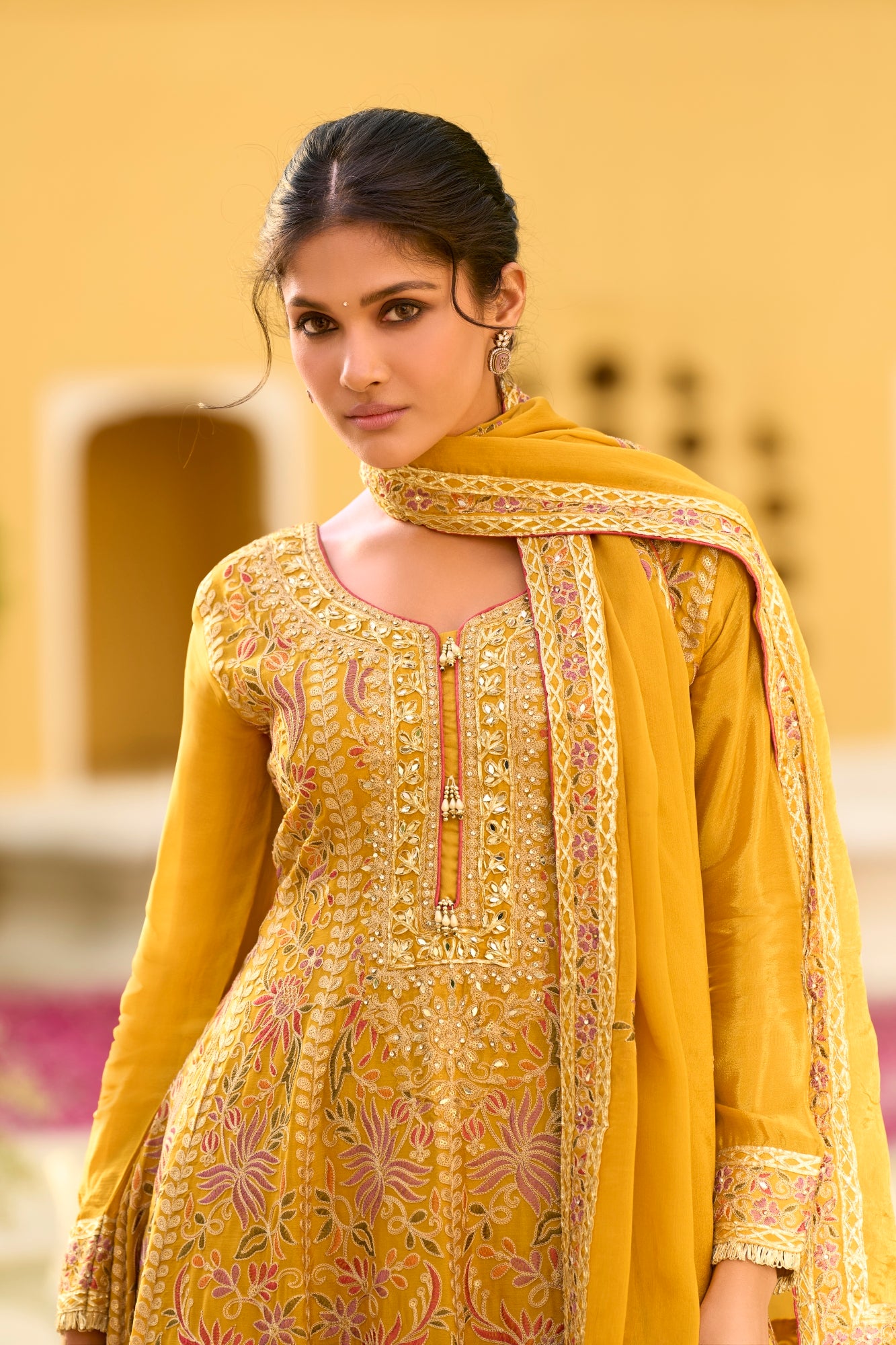 Pink Chinon Chiffon Embroidered Straight Kurta Sharara with Dupatta Bellarom Cataloge