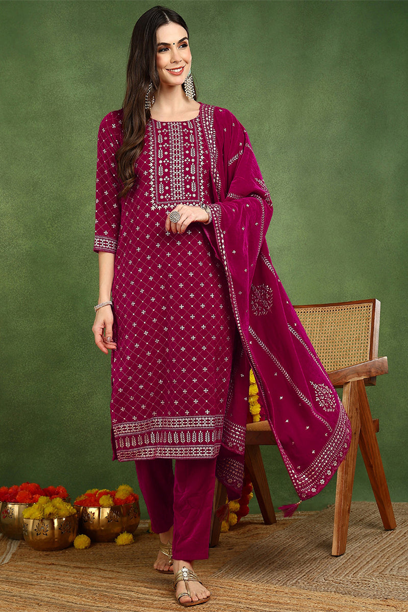 Pink Velvet Ethnic Motifs Printed Straight Suit Set PKSKD2766