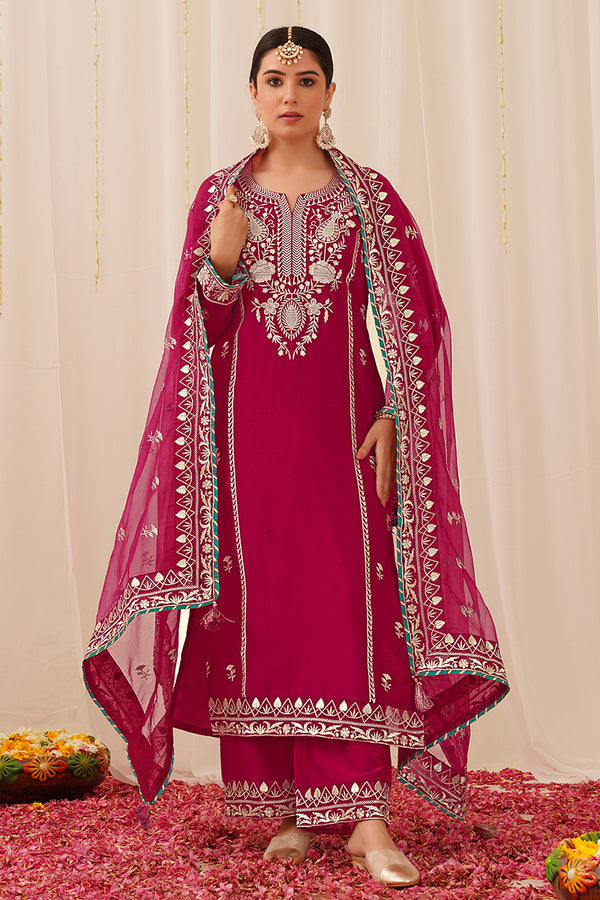 Pink Silk Blend Embroidered Solid Yoke Design Straight Palazzo Suit Set PKSKD2490
