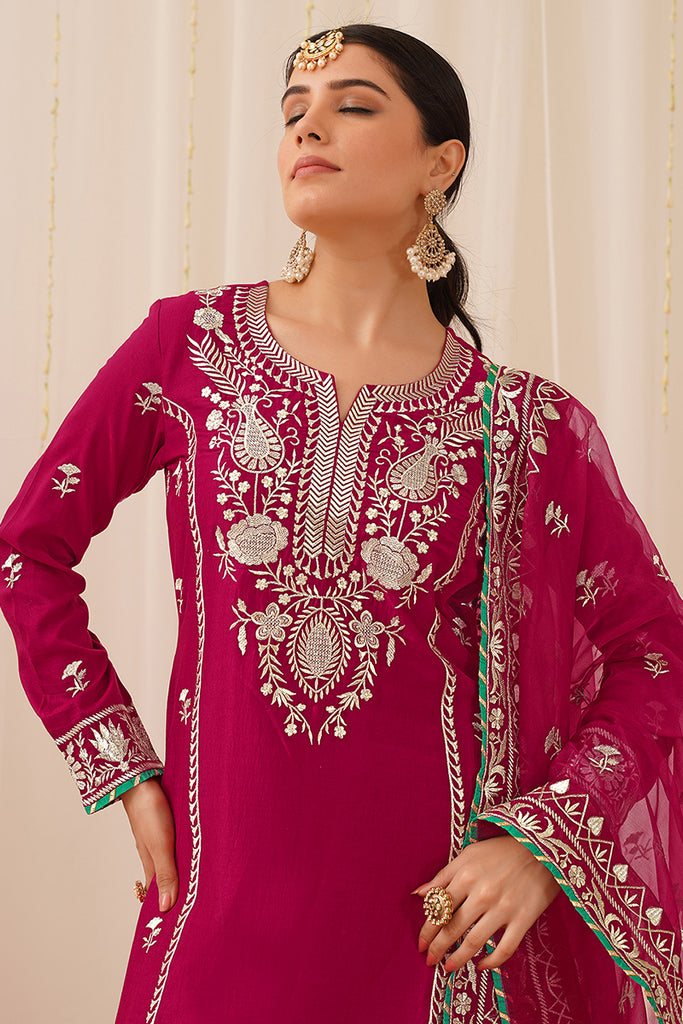Pink Silk Blend Embroidered Solid Yoke Design Straight Palazzo Suit Set PKSKD2490