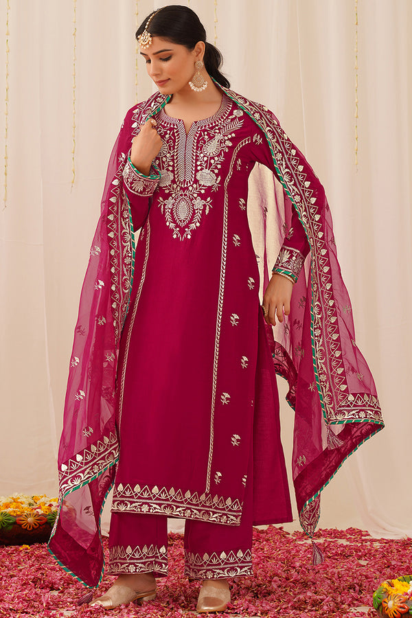 Pink Silk Blend Embroidered Solid Yoke Design Straight Palazzo Suit Set PKSKD2490