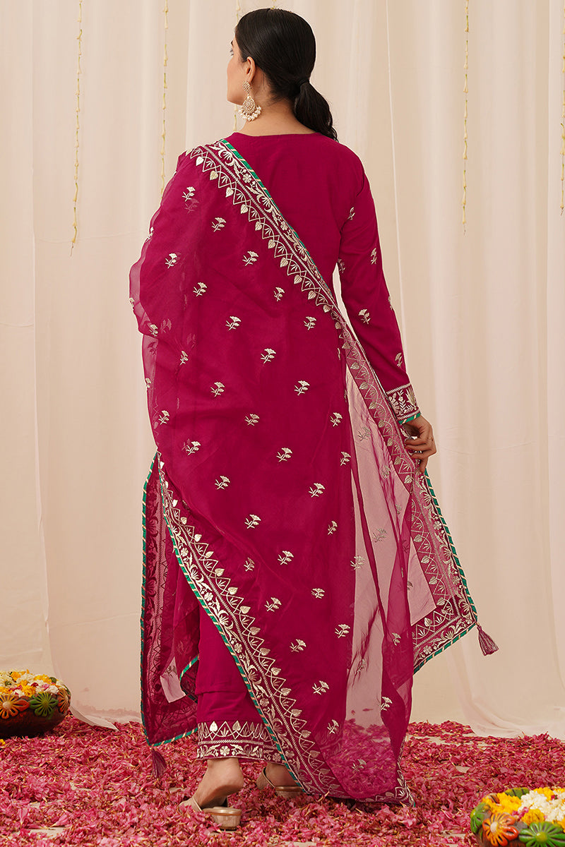 Pink Silk Blend Embroidered Solid Yoke Design Straight Palazzo Suit Set PKSKD2490