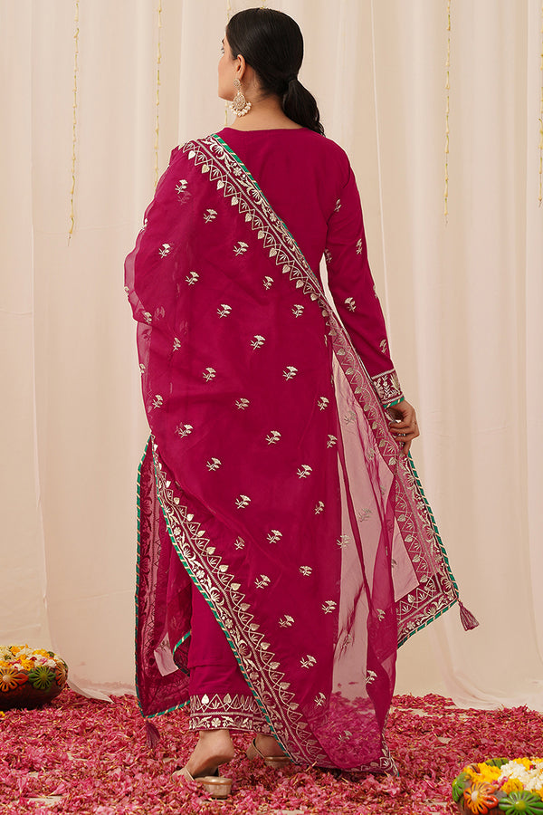 Pink Silk Blend Embroidered Solid Yoke Design Straight Palazzo Suit Set PKSKD2490