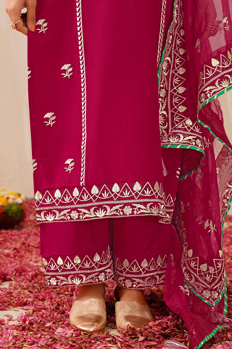 Pink Silk Blend Embroidered Solid Yoke Design Straight Palazzo Suit Set PKSKD2490