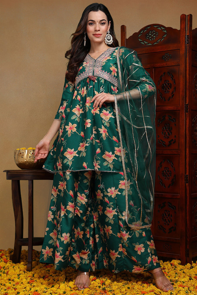 Green Chanderi Silk Floral A-Line Kurta Trousers With Dupatta VKSKD1695