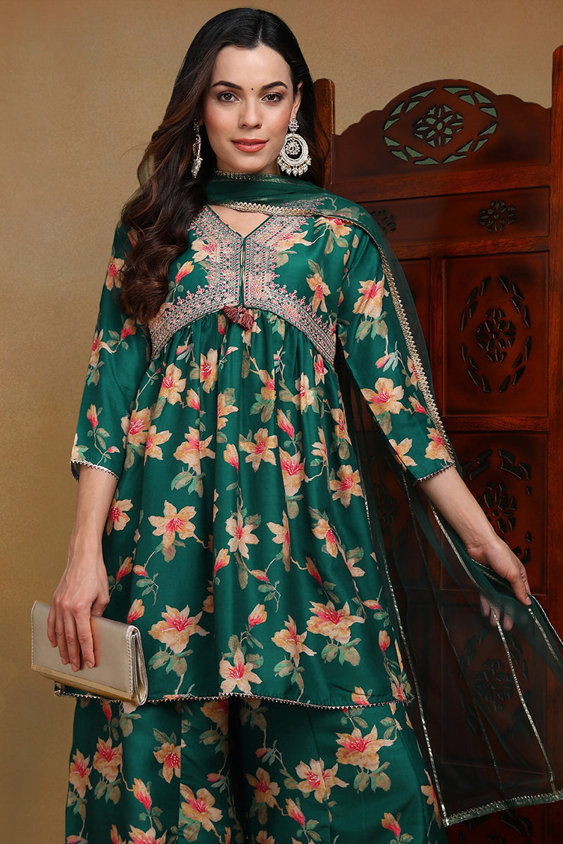 Green Chanderi Silk Floral A-Line Kurta Trousers With Dupatta VKSKD1695