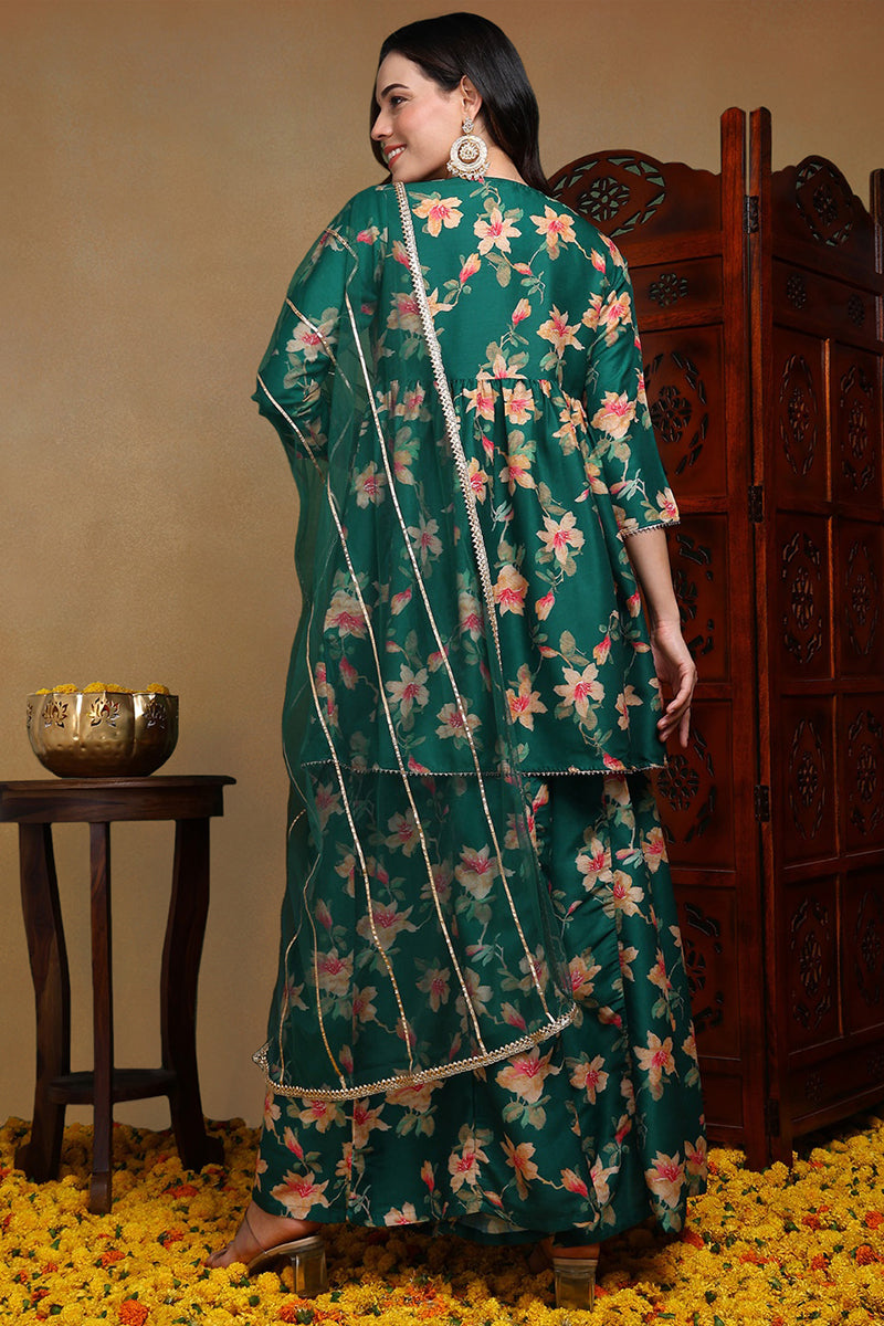 Green Chanderi Silk Floral A-Line Kurta Trousers With Dupatta VKSKD1695