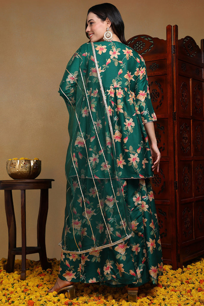 Green Chanderi Silk Floral A-Line Kurta Trousers With Dupatta VKSKD1695