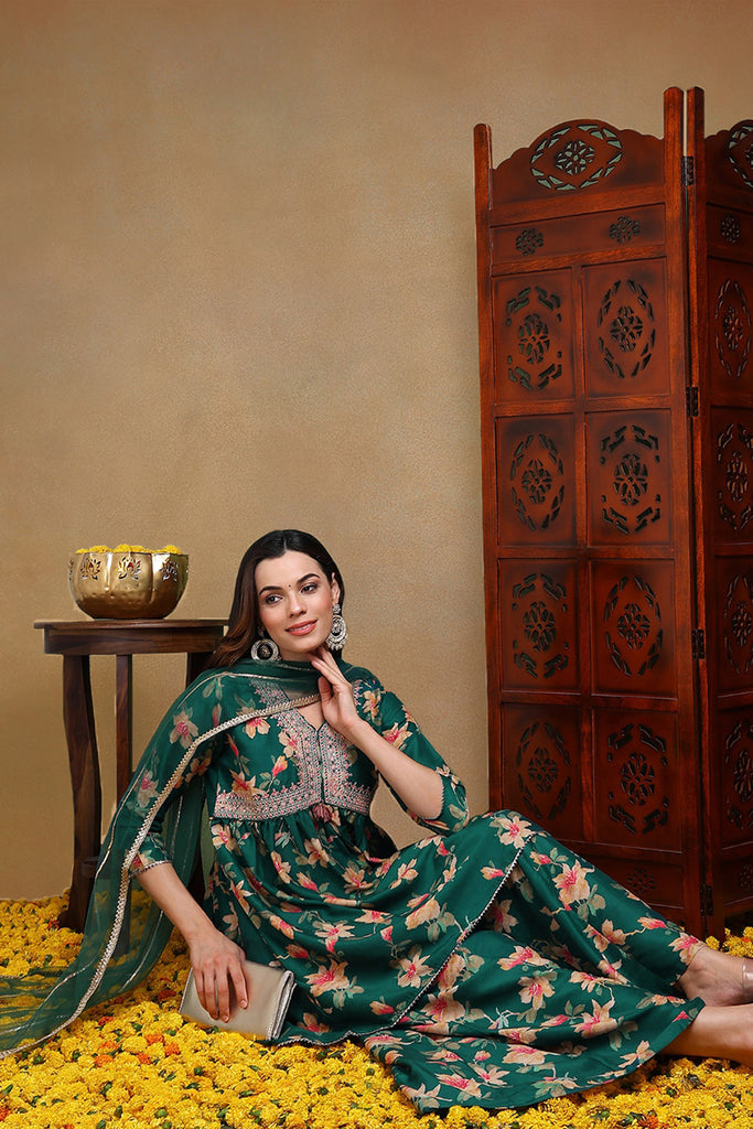 Green Chanderi Silk Floral A-Line Kurta Trousers With Dupatta VKSKD1695
