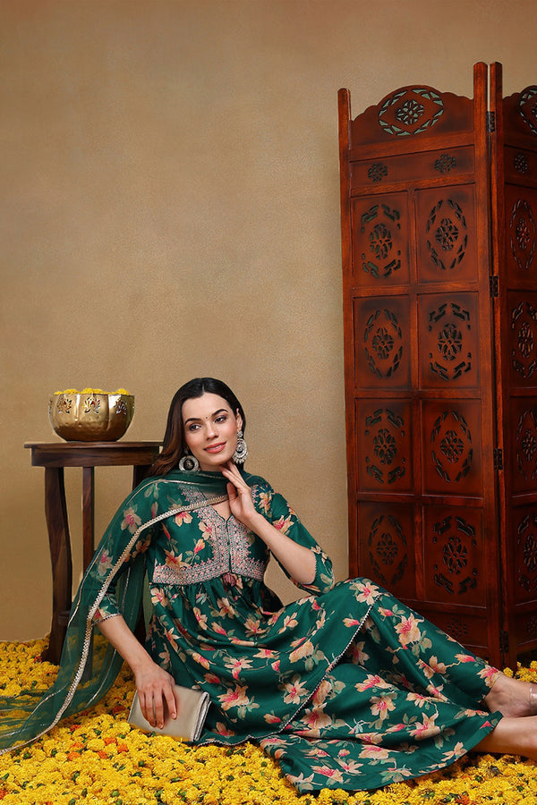 Green Chanderi Silk Floral A-Line Kurta Trousers With Dupatta VKSKD1695