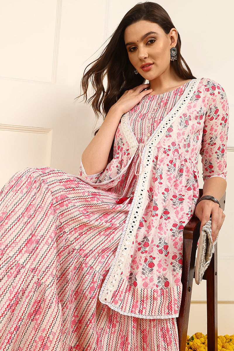 Pink Cotton Floral Printed Fit And Flare Ethnic Style Dress With Shrug JPD1002PNK