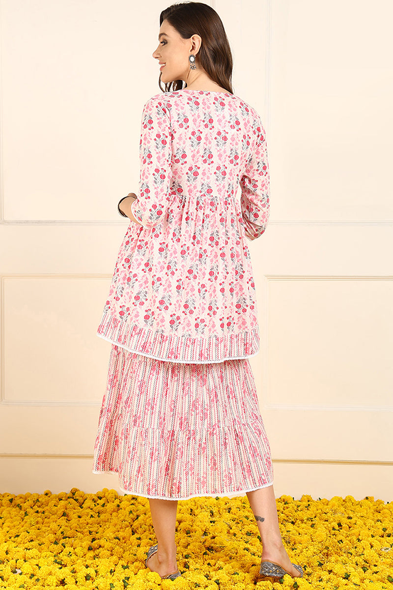 Pink Cotton Floral Printed Fit And Flare Ethnic Style Dress With Shrug JPD1002PNK