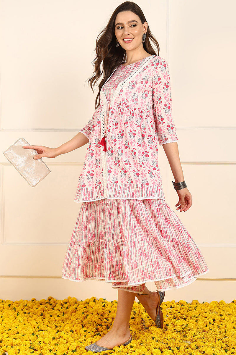 Pink Cotton Floral Printed Fit And Flare Ethnic Style Dress With Shrug JPD1002PNK