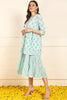 Turquoise Blue Cotton Floral Printed Fit And Flare Ethnic Style Dress With Shrug JPD1002TBLU