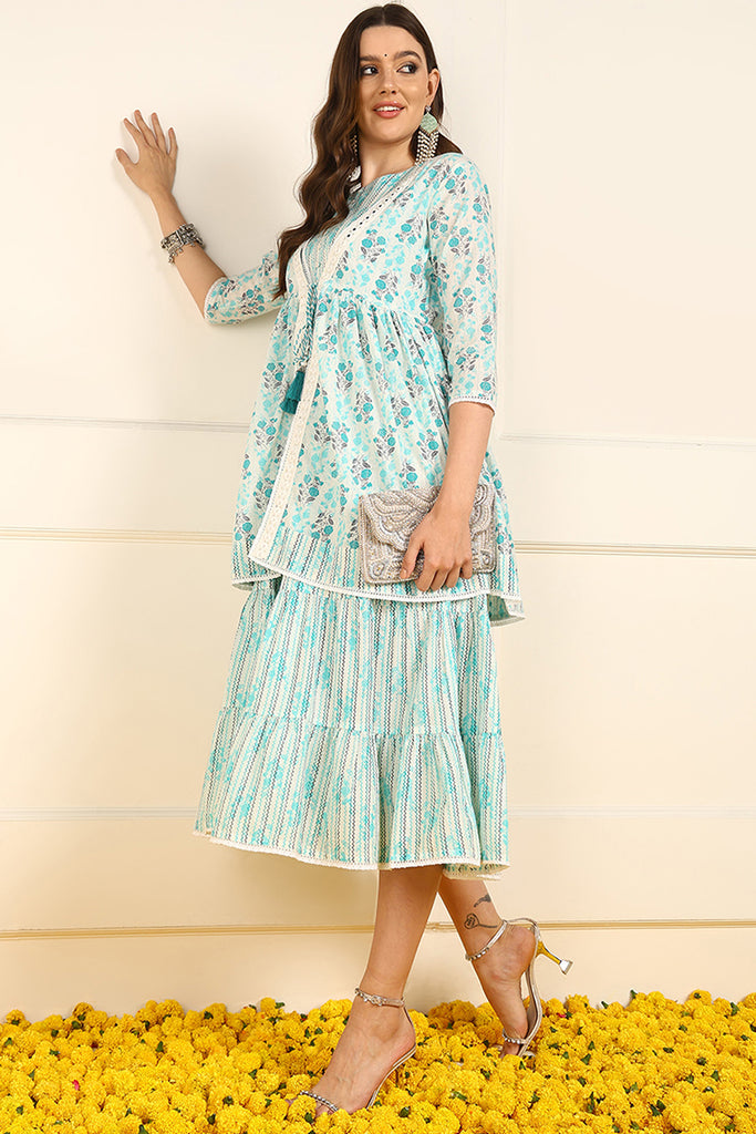 Turquoise Blue Cotton Floral Printed Fit And Flare Ethnic Style Dress With Shrug JPD1002TBLU