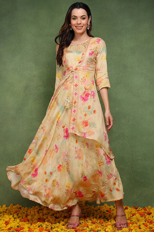 Cream Silk Blend Floral Embroidered Maxi Ethnic Dress with Longline Shrug JPD1003CRM