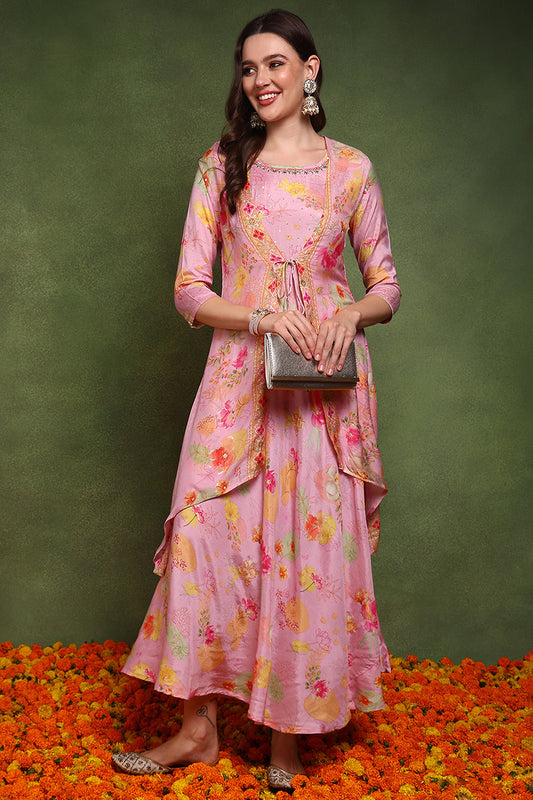 Pink Silk Blend Floral Embroidered Maxi Ethnic Dress With Longline Shrug JPD1003PNK