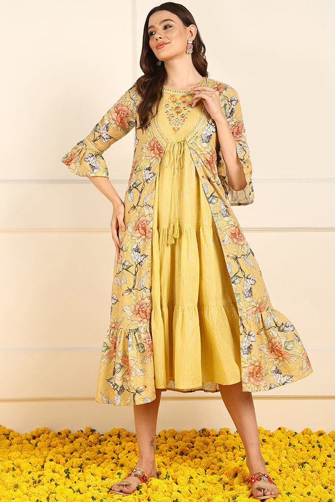 Yellow Cotton Solid Embroidered Fit And Flare Ethnic Style Dress With Shrug JPD1004YLW