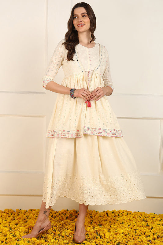 Cream Cotton Solid Empire Ethnic Style Dress With Shrug JPD1005CRM