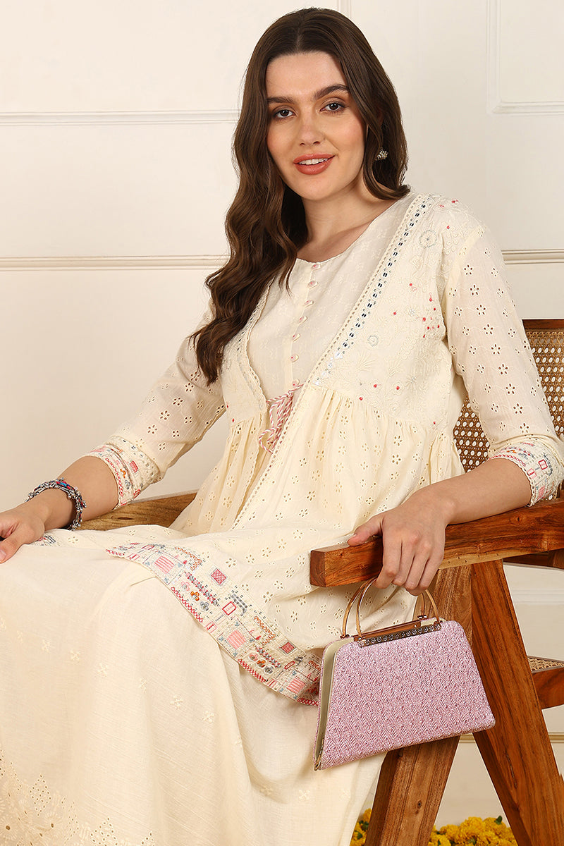 Cream Cotton Solid Empire Ethnic Style Dress With Shrug JPD1005CRM