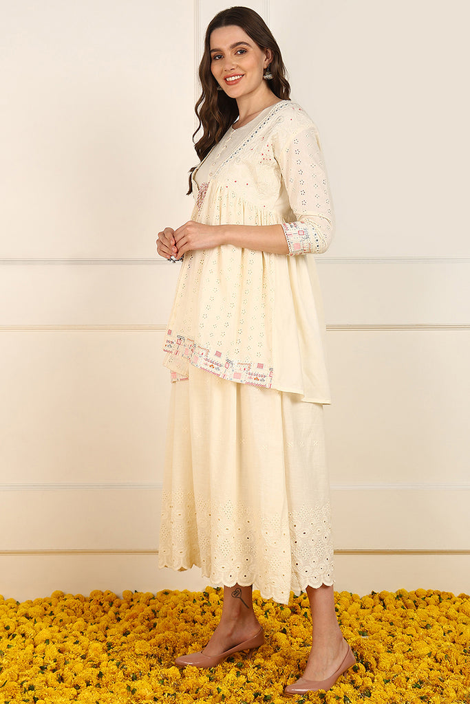 Cream Cotton Solid Empire Ethnic Style Dress With Shrug JPD1005CRM