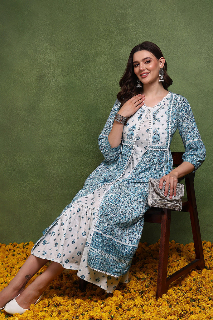 White and Blue Cotton Ethnic Motifs Printed Maxi Ethnic Dress With Longline Shrug JPD1007BLU