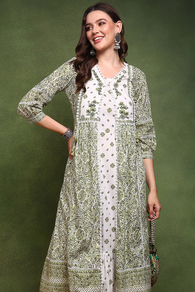 White and Olive Cotton Ethnic Motifs Printed Maxi Ethnic Dress With Longline Shrug JPD1007OLV