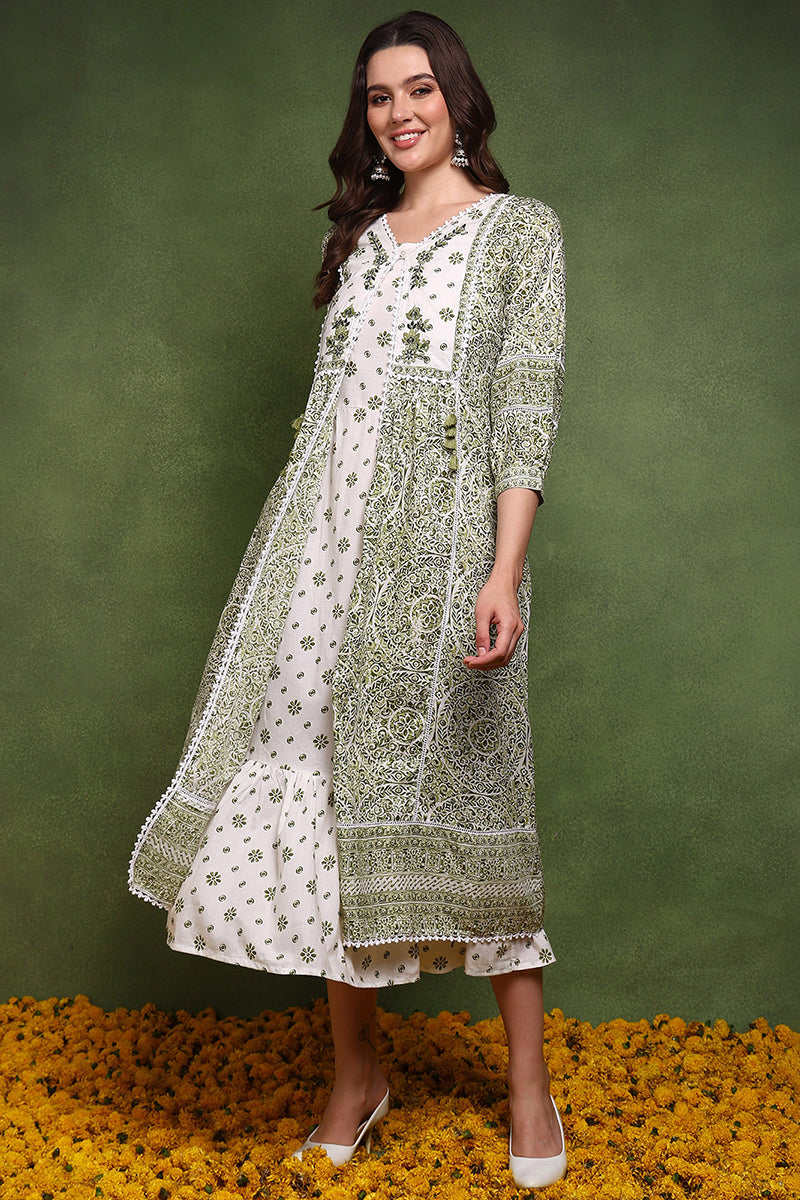 White and Olive Cotton Ethnic Motifs Printed Maxi Ethnic Dress With Longline Shrug JPD1007OLV