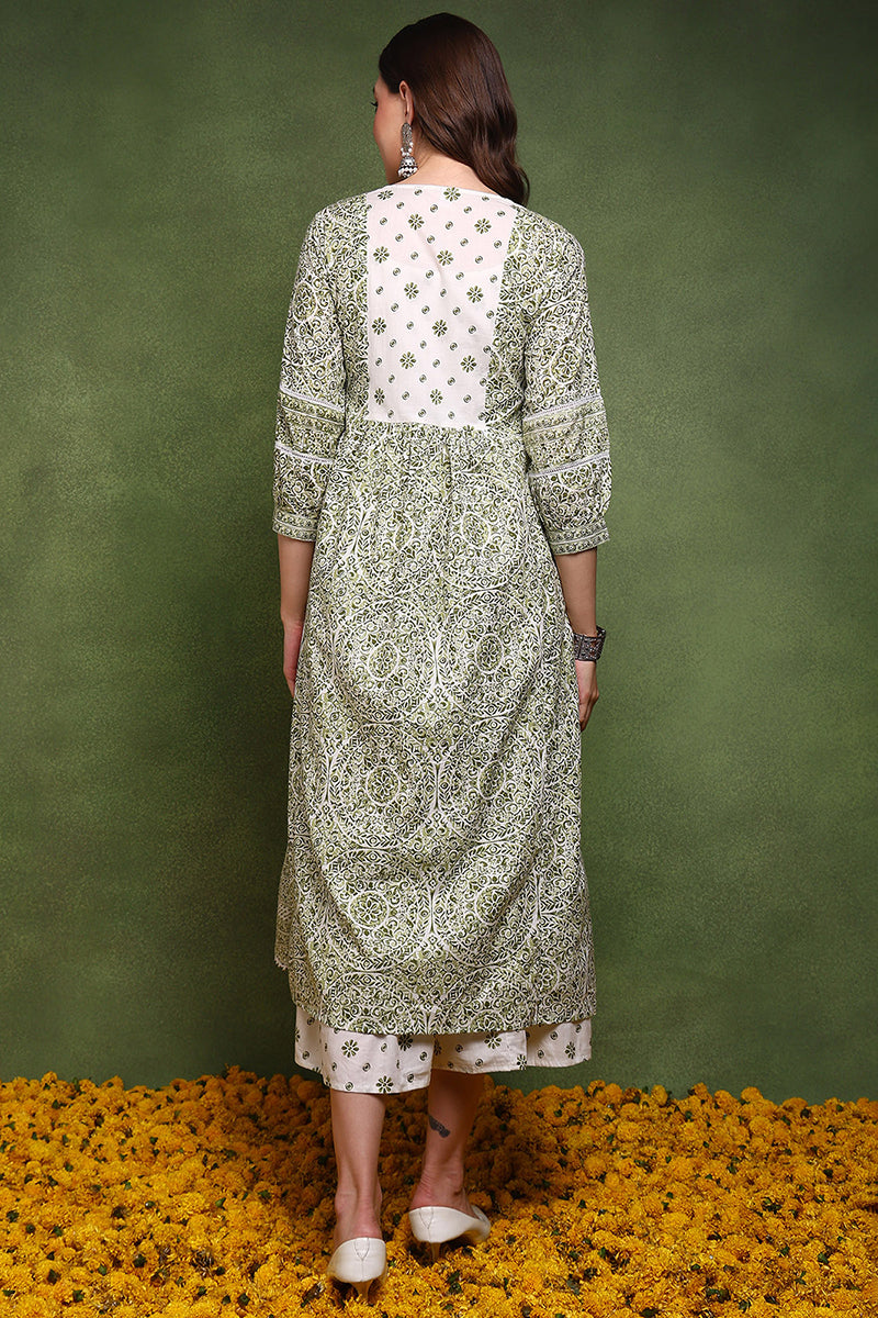 White and Olive Cotton Ethnic Motifs Printed Maxi Ethnic Dress With Longline Shrug JPD1007OLV