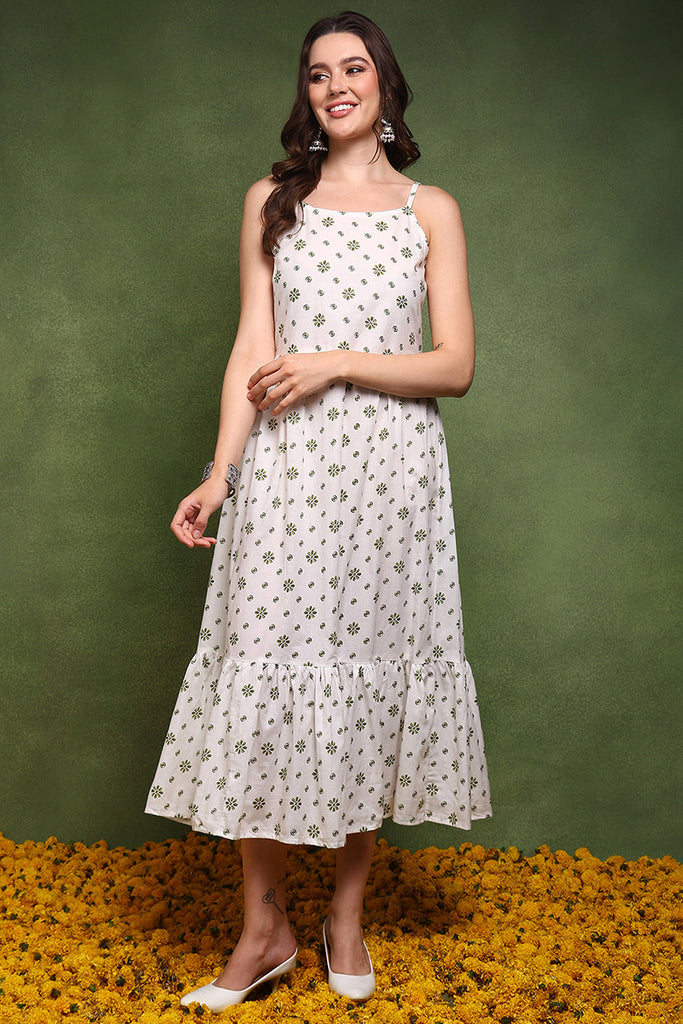 White and Olive Cotton Ethnic Motifs Printed Maxi Ethnic Dress With Longline Shrug JPD1007OLV