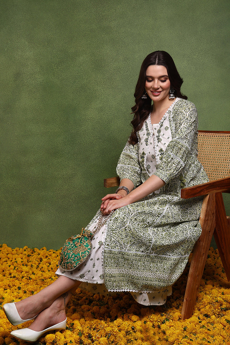 White and Olive Cotton Ethnic Motifs Printed Maxi Ethnic Dress With Longline Shrug JPD1007OLV