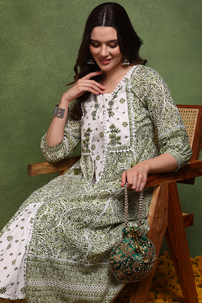 White and Olive Cotton Ethnic Motifs Printed Maxi Ethnic Dress With Longline Shrug JPD1007OLV