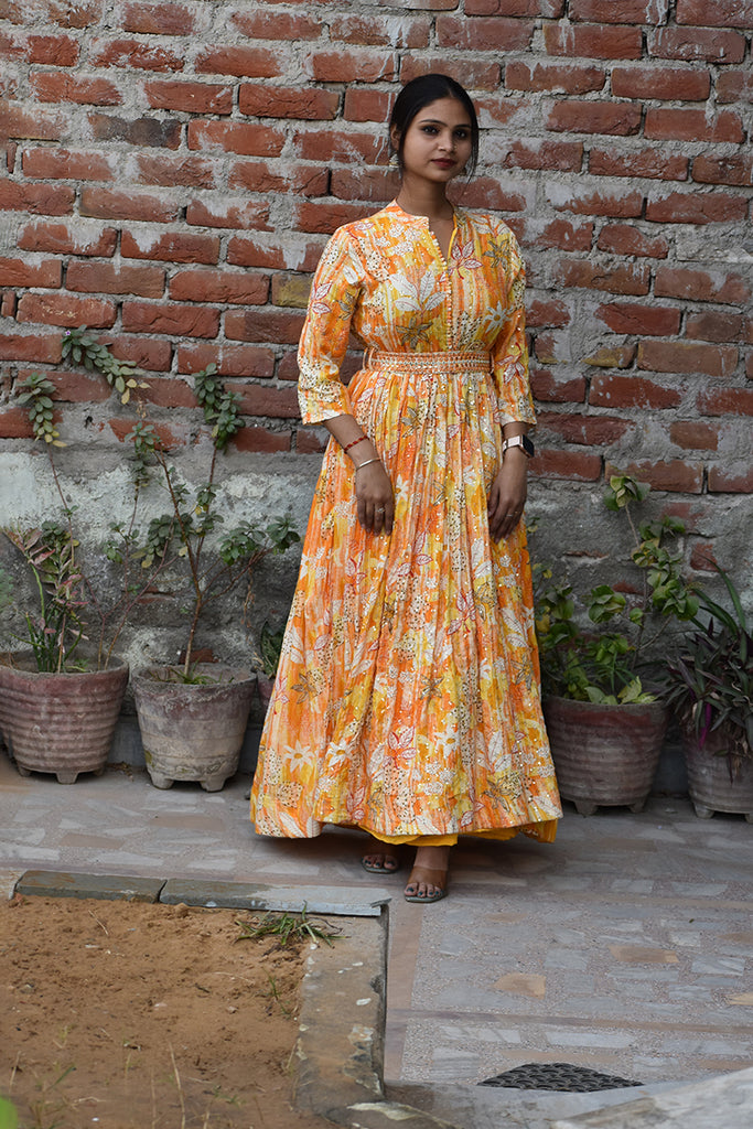 Orange Viscose Rayon Printed Flared Gown JPG100ORG