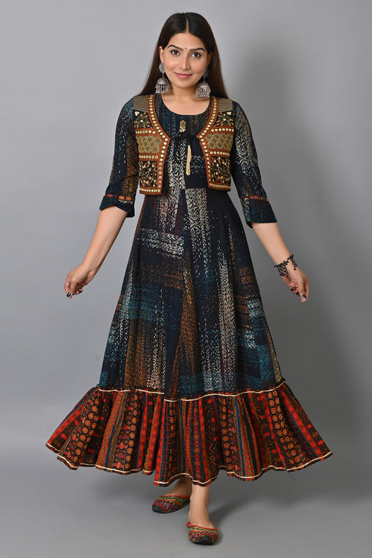 Blue Viscose Rayon Abstract Printed A-Line Kurta With Overcoat JPK1001BLU